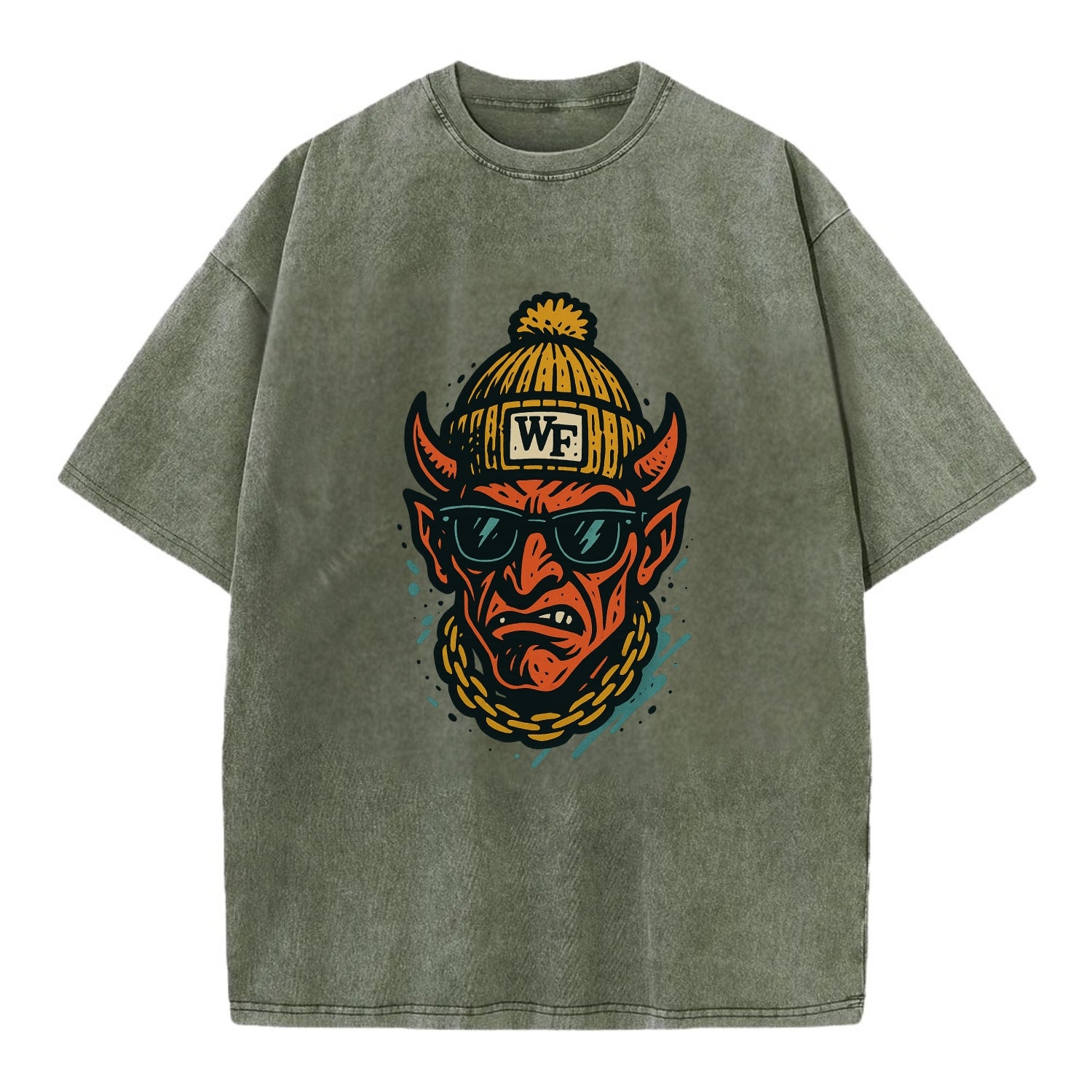 Winston-Salem Demon wearing Wake Forest beanie with WF patch - Vintage T-shirt - Army Green