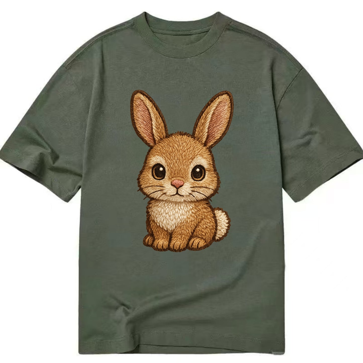 Baby Rabbit - long ears, fluffy white tail, pink nose, large brown eyes, - Classic T-shirt - Army Green