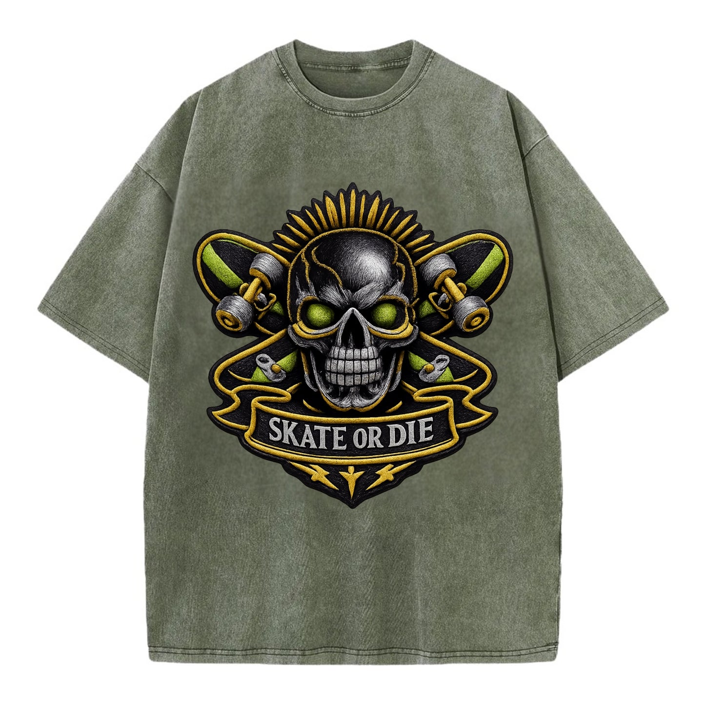 Embroidered patch design - SKATEBOARD SKULL - skull with skateboard in black and - Vintage T-shirt - Army Green