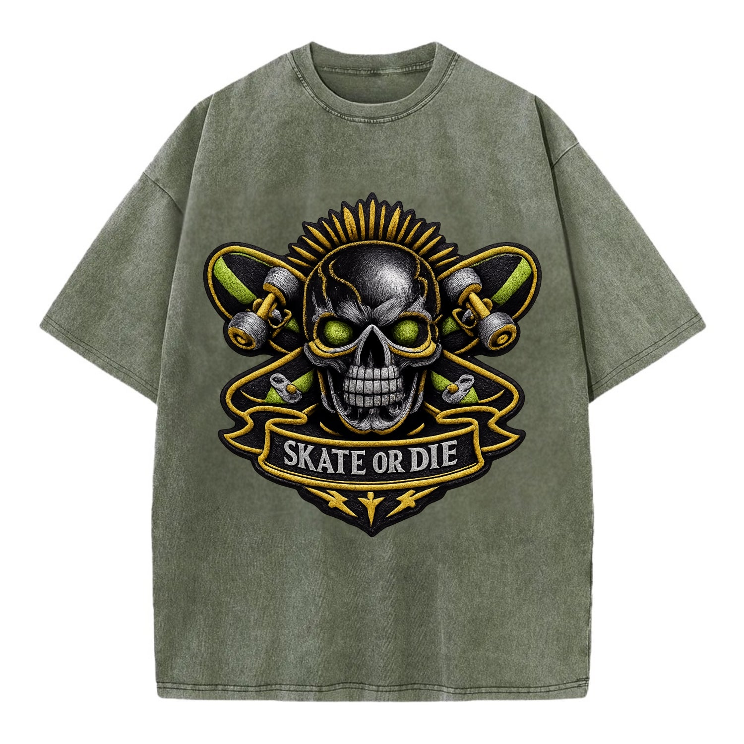 Embroidered patch design - SKATEBOARD SKULL - skull with skateboard in black and - Vintage T-shirt - Army Green