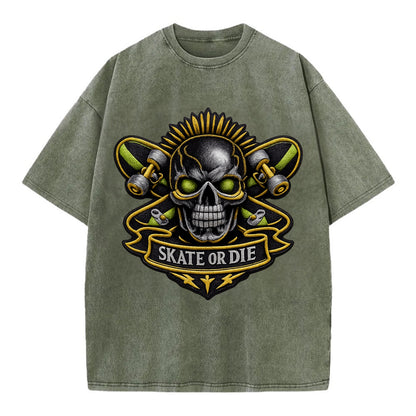 Embroidered patch design - SKATEBOARD SKULL - skull with skateboard in black and - Vintage T-shirt - Army Green