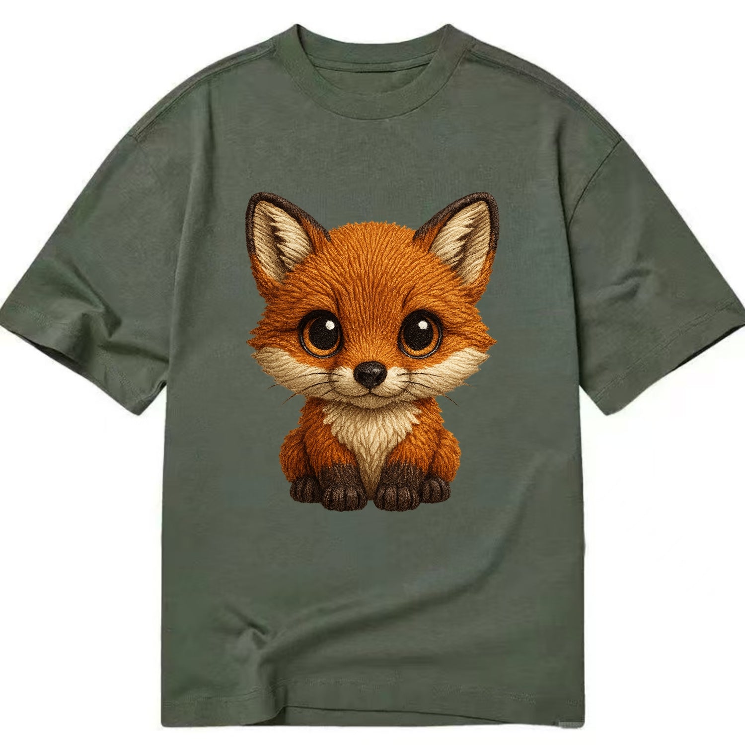 Baby Red Fox - russet fur, white chest, big amber eyes, perky ears, front-facing, - Classic T-shirt - Army Green