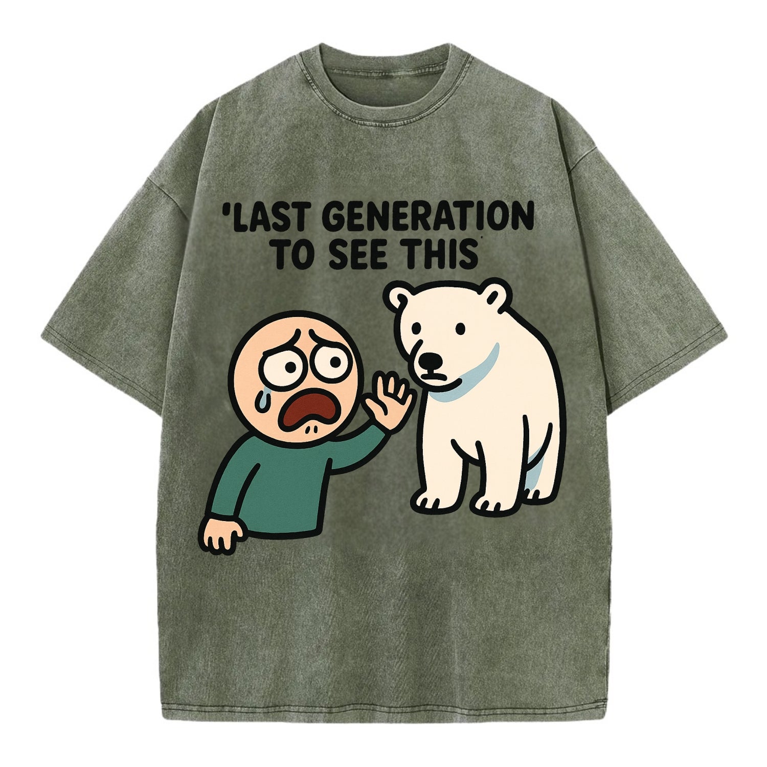 Person waving goodbye to polar bear - "Last generation to see this" - extinction - Vintage T-shirt - Army Green