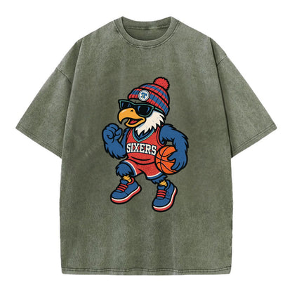 Philadelphia Eagle wearing 76ers red white and blue beanie with bell patch and - Vintage T-shirt - Army Green