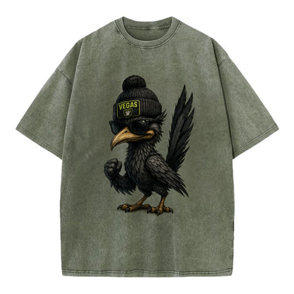 Vegas Roadrunner wearing Raiders beanie with neon patch and wayfarer sunglasses - Vintage T-shirt - Army Green