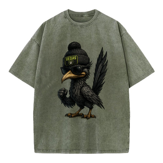 Vegas Roadrunner wearing Raiders beanie with neon patch and wayfarer sunglasses - Vintage T-shirt - Army Green