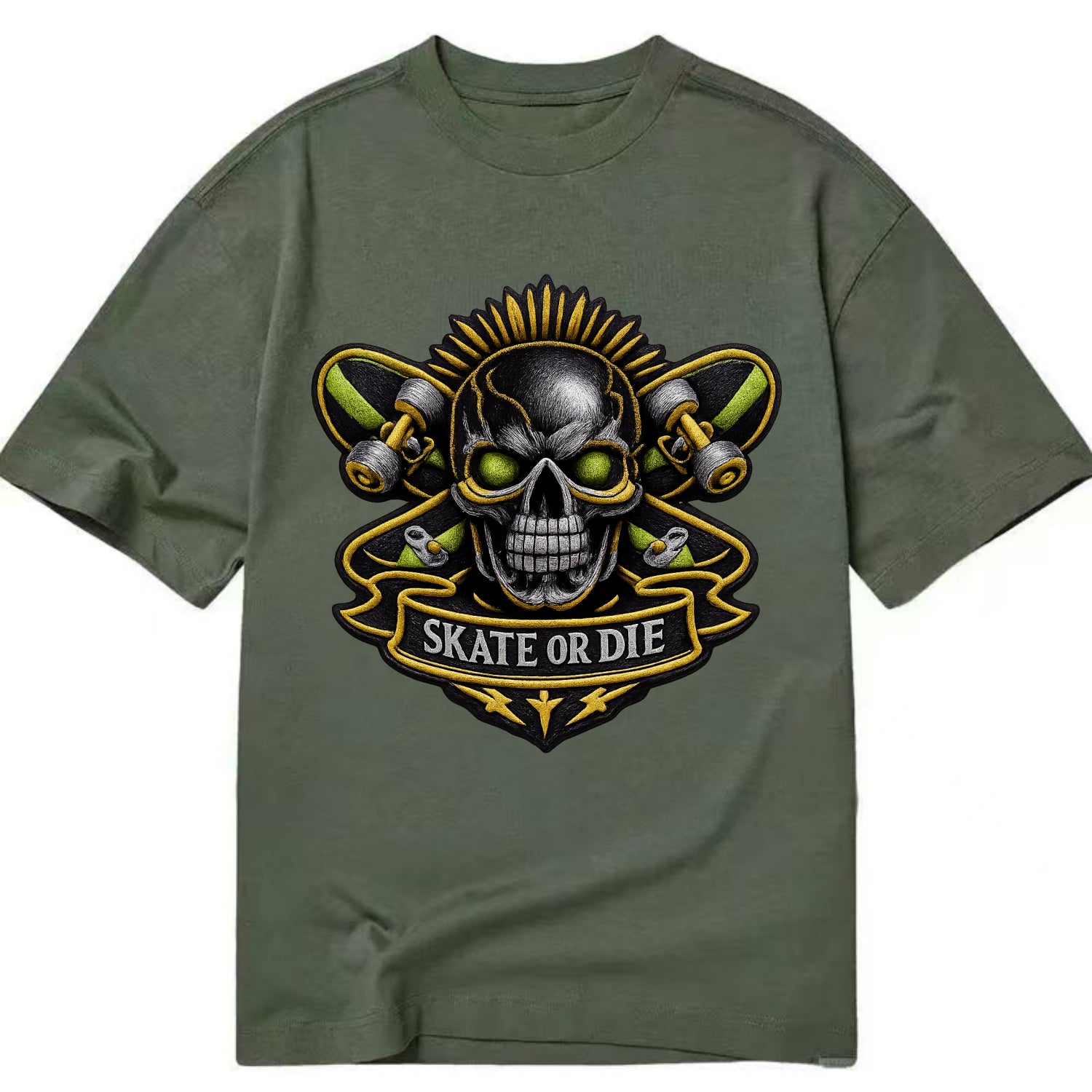 Embroidered patch design - SKATEBOARD SKULL - skull with skateboard in black and - Classic T-shirt - Army Green