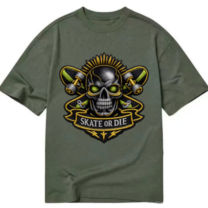 Embroidered patch design - SKATEBOARD SKULL - skull with skateboard in black and - Classic T-shirt - Army Green