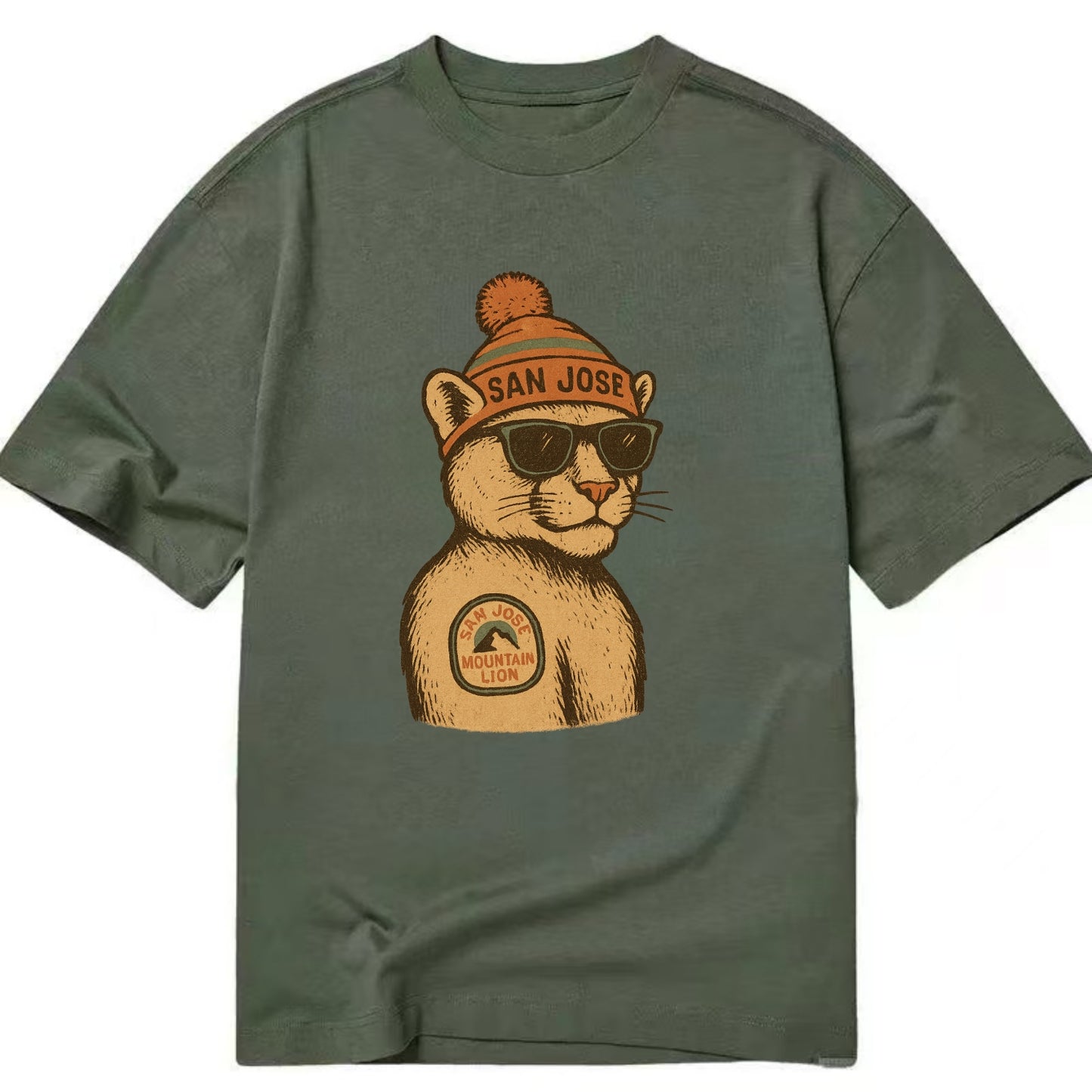 San Jose Mountain Lion wearing San Jose beanie with pom pom and wayfarer - Classic T-shirt - Army Green