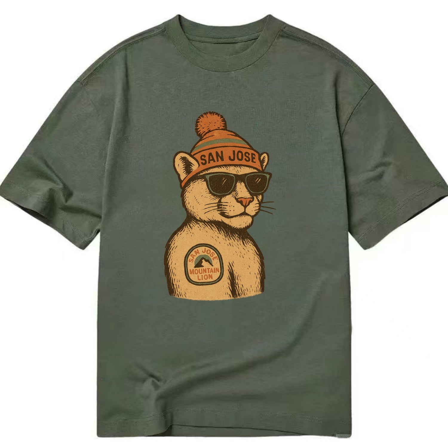 San Jose Mountain Lion wearing San Jose beanie with pom pom and wayfarer - Classic T-shirt - Army Green