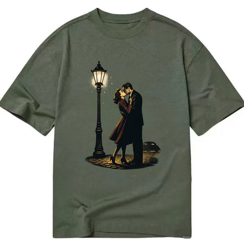 first kiss under vintage street lamp on cobblestone at night - Classic T-shirt