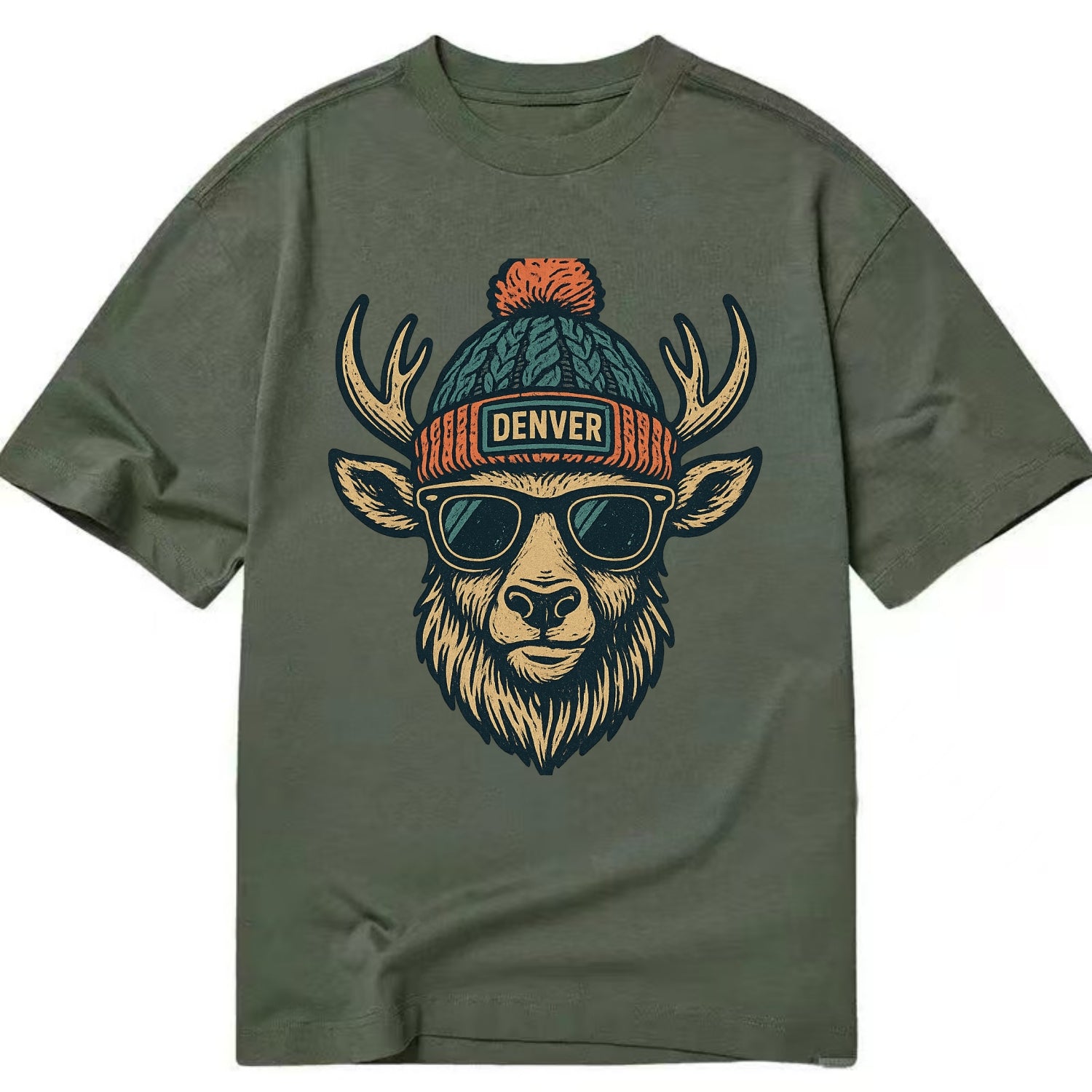 Denver Elk wearing Denver beanie with pom pom and wayfarer sunglasses - Classic T-shirt - Army Green