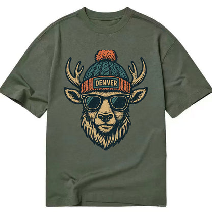 Denver Elk wearing Denver beanie with pom pom and wayfarer sunglasses - Classic T-shirt - Army Green