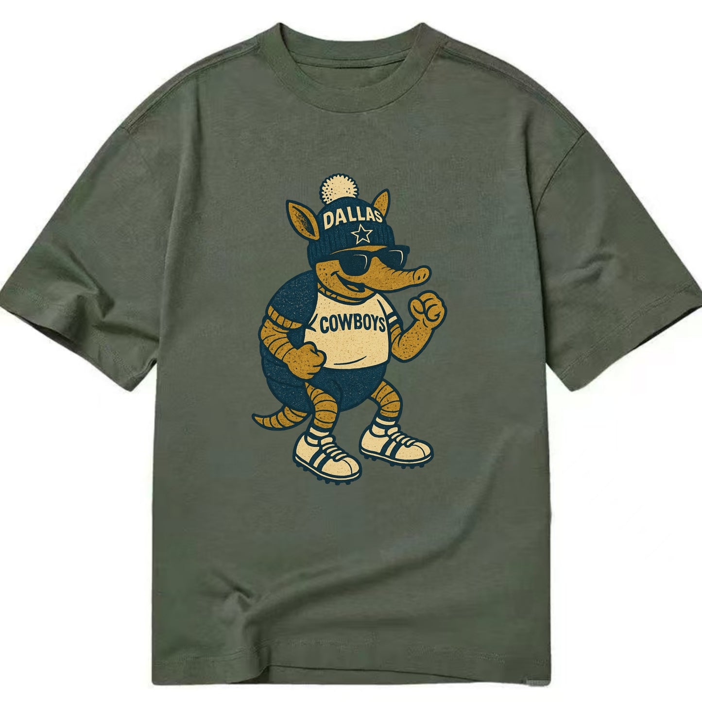 Dallas Armadillo wearing Cowboys beanie with lone star patch and wayfarer - Classic T-shirt - Army Green