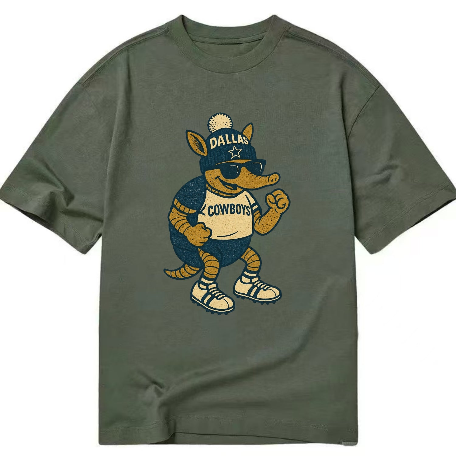 Dallas Armadillo wearing Cowboys beanie with lone star patch and wayfarer - Classic T-shirt - Army Green