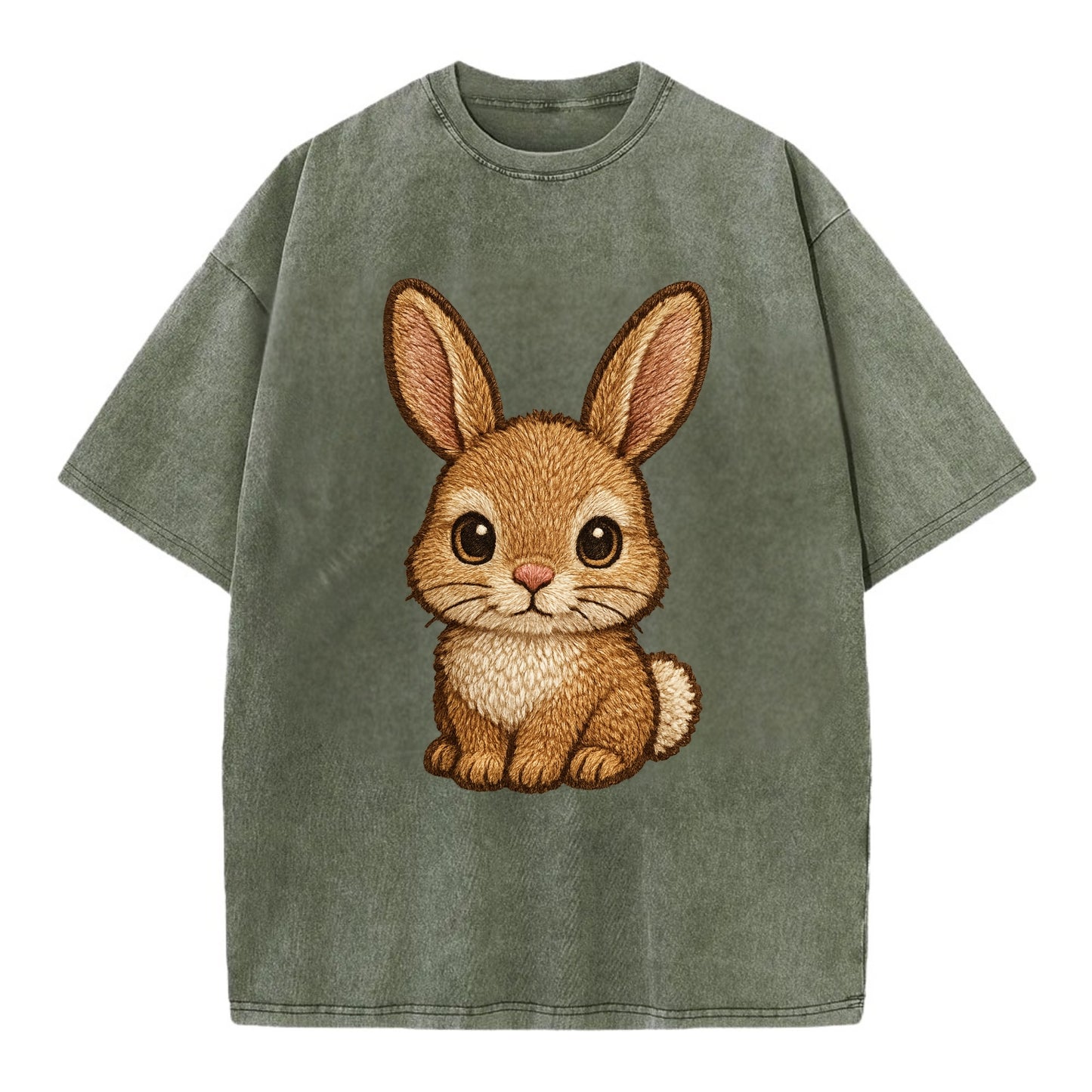 Baby Rabbit - long ears, fluffy white tail, pink nose, large brown eyes, - Vintage T-shirt - Army Green
