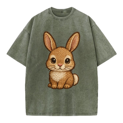 Baby Rabbit - long ears, fluffy white tail, pink nose, large brown eyes, - Vintage T-shirt - Army Green