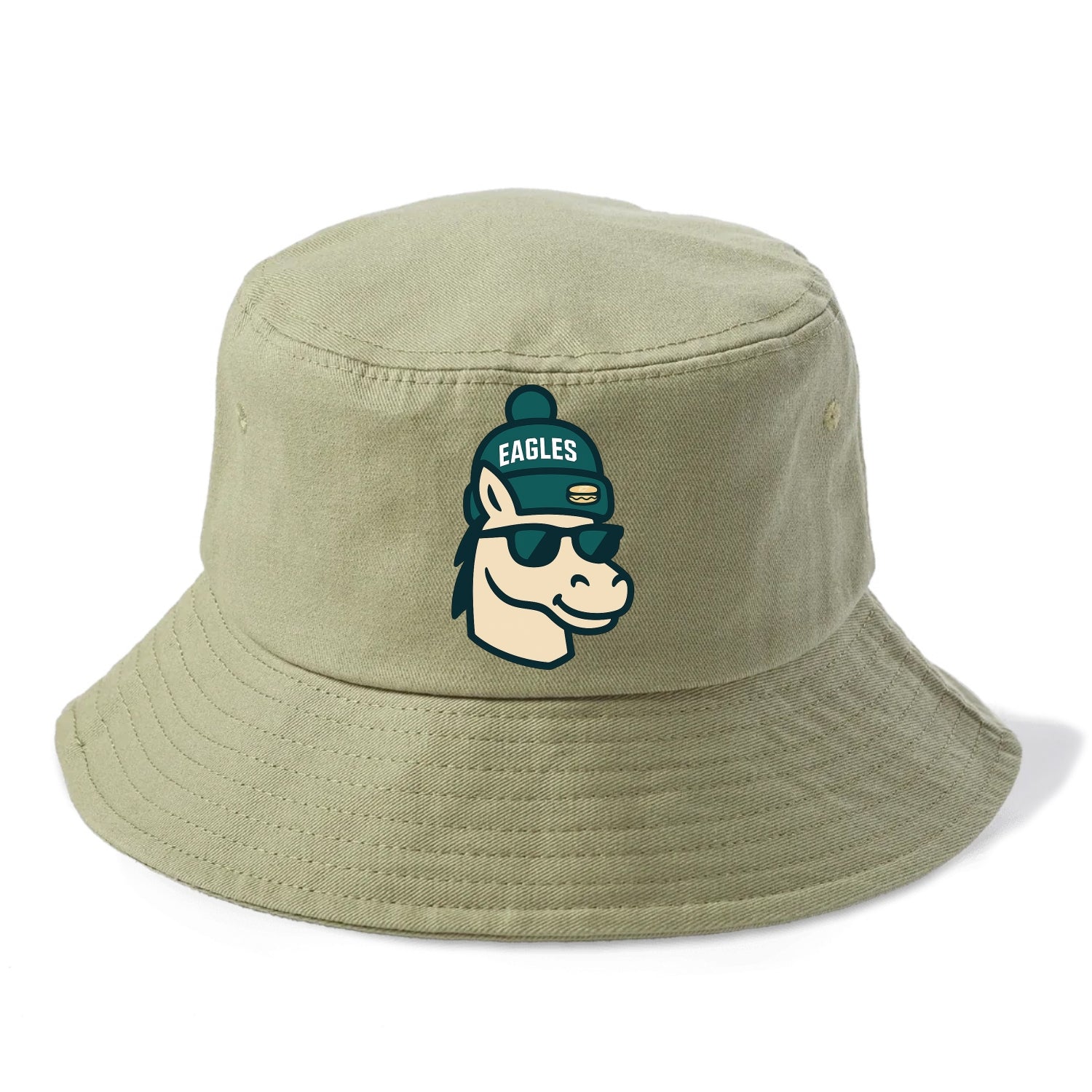 Philadelphia Horse wearing Eagles beanie with cheesesteak patch and wayfarer sunglasses - Bucket Hat - Army Green