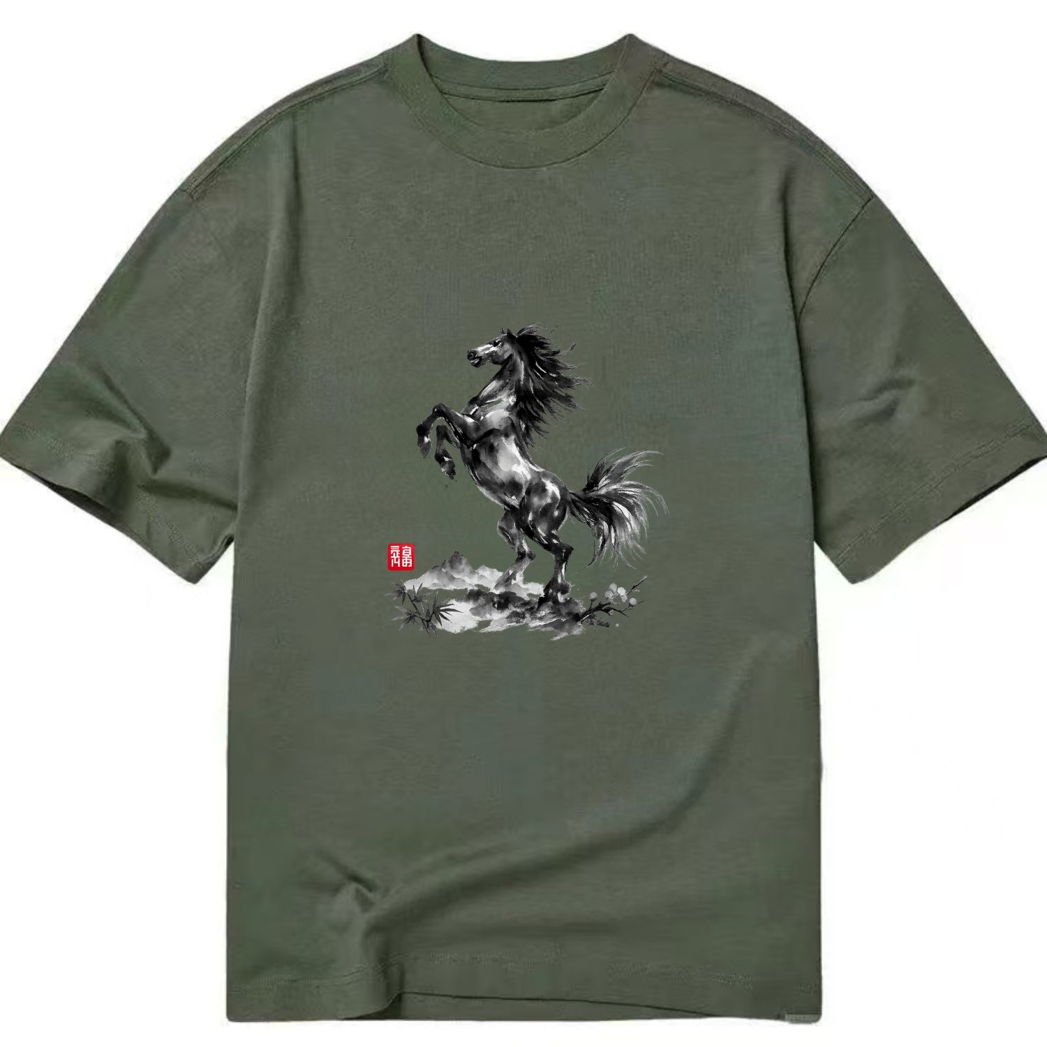 WILD STALLION | Powerful stallion rearing up | Windswept mane and tail | Mountain - Classic T-shirt - Army Green