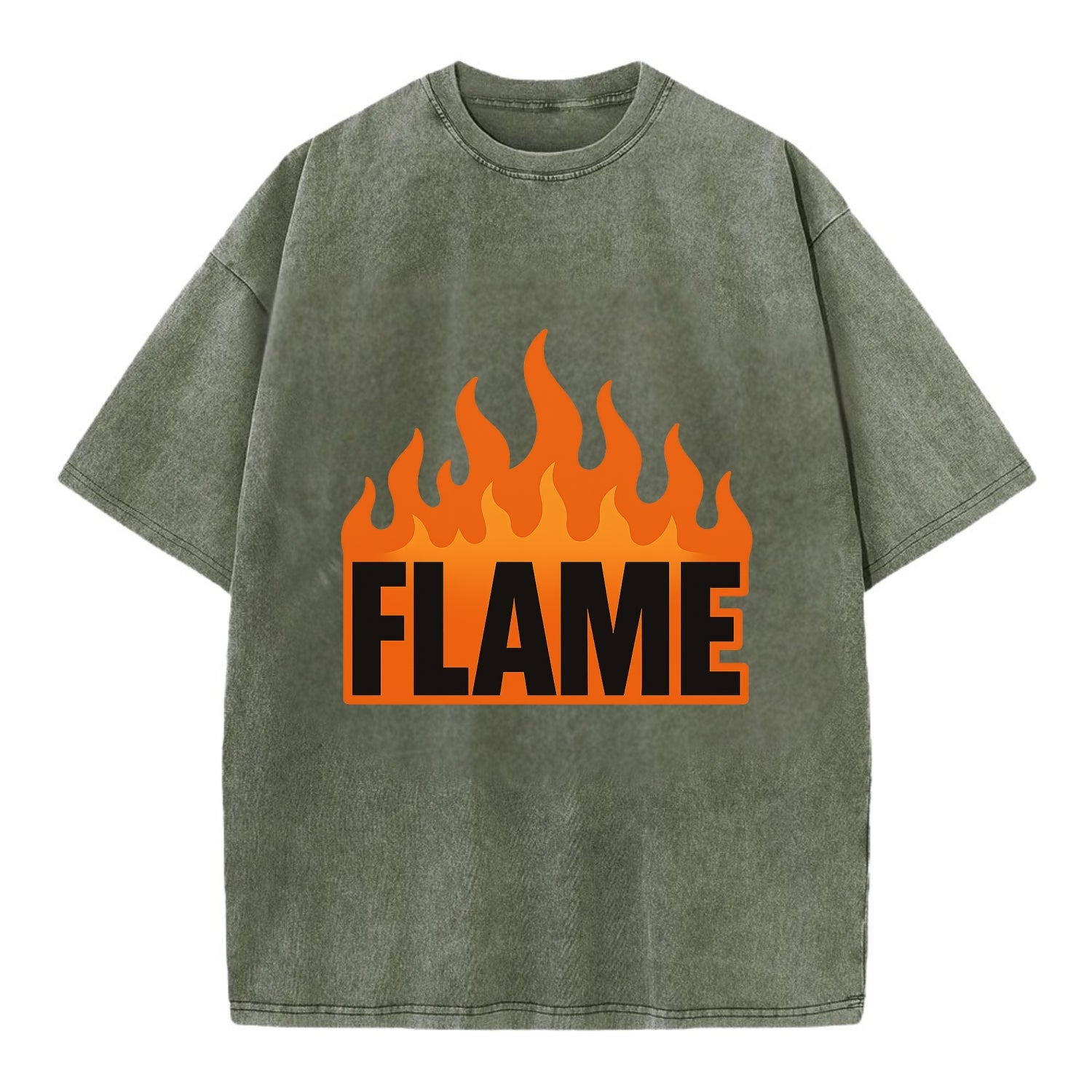 Bold typography design - "FLAME" - burning bright, passionate - Vintage T-shirt - Army Green