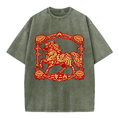 HORSE | Silk style horse design | Gold and silver thread appearance | Phoenix and - Vintage T-shirt - Army Green