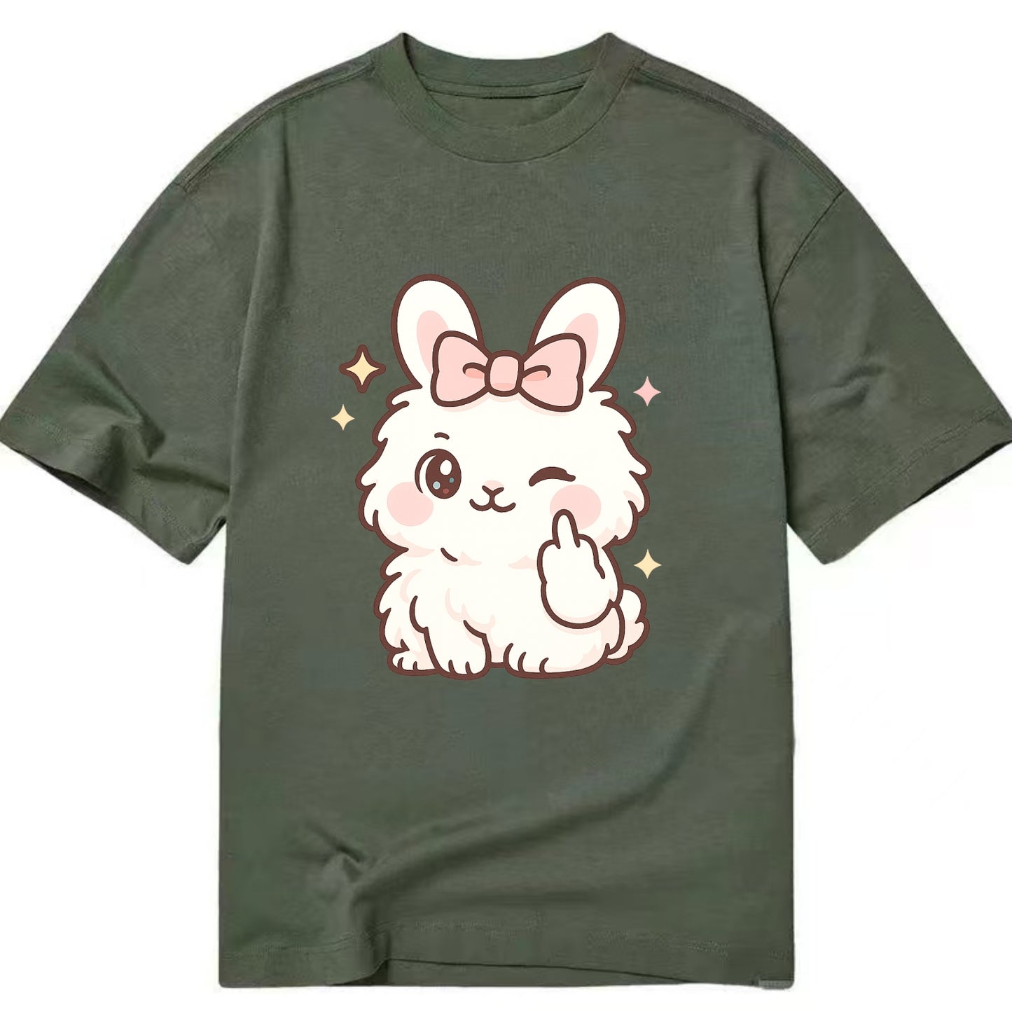fluffy white angora rabbit with pink bow, one paw delicately flipping off - Classic T-shirt - Army Green