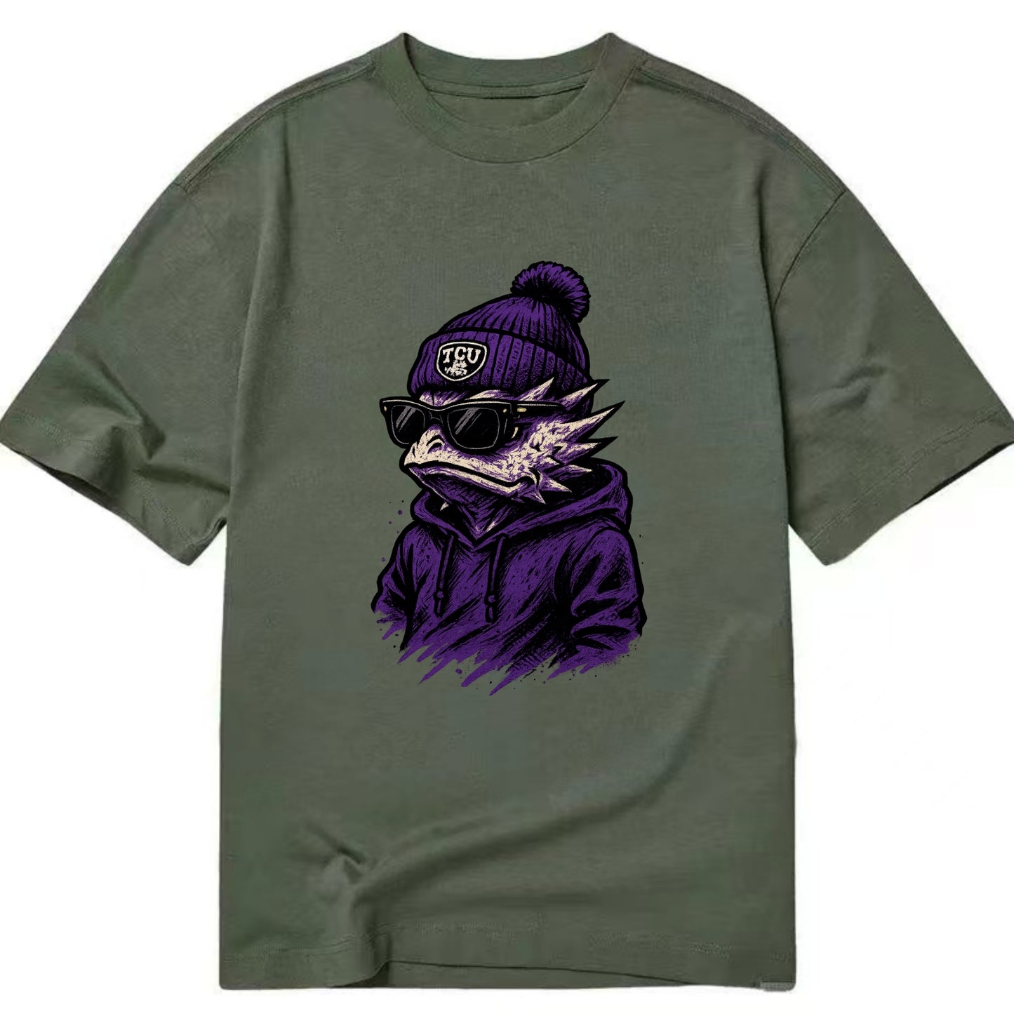 Fort Worth Horned Frog wearing TCU beanie with frog patch - Classic T-shirt - Army Green