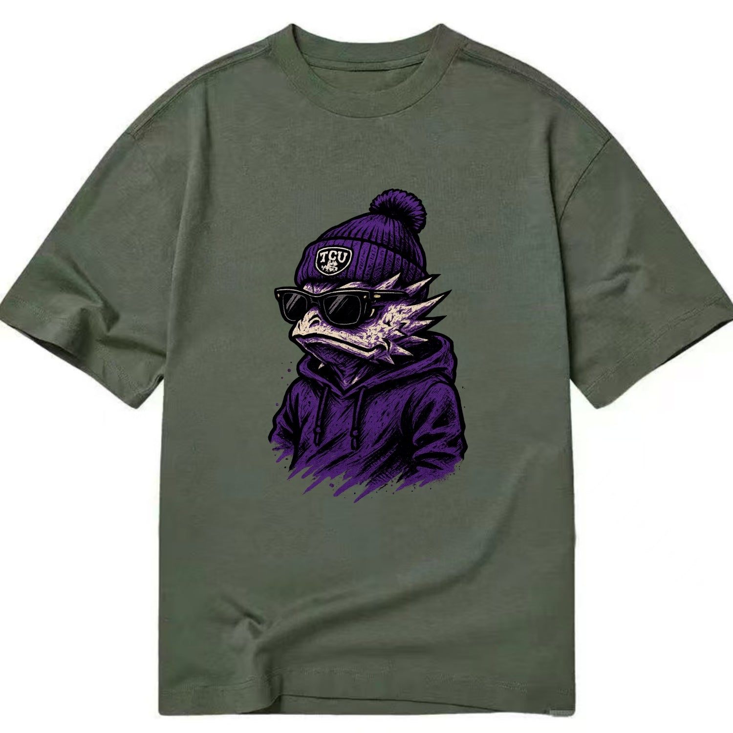 Fort Worth Horned Frog wearing TCU beanie with frog patch - Classic T-shirt - Army Green