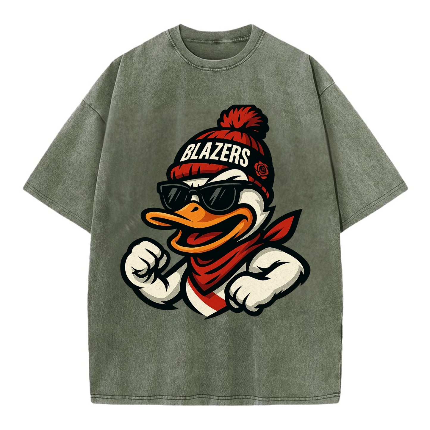 Oregon Duck wearing Trail Blazers beanie with rose patch and wayfarer sunglasses - Vintage T-shirt - Army Green