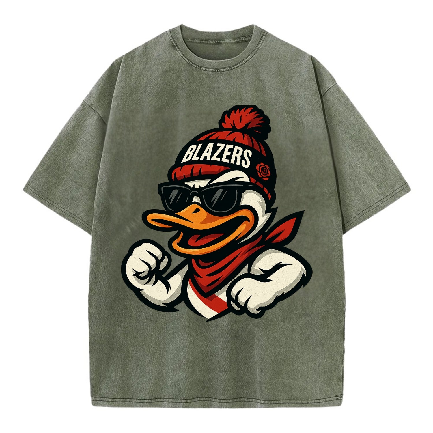 Oregon Duck wearing Trail Blazers beanie with rose patch and wayfarer sunglasses - Vintage T-shirt - Army Green