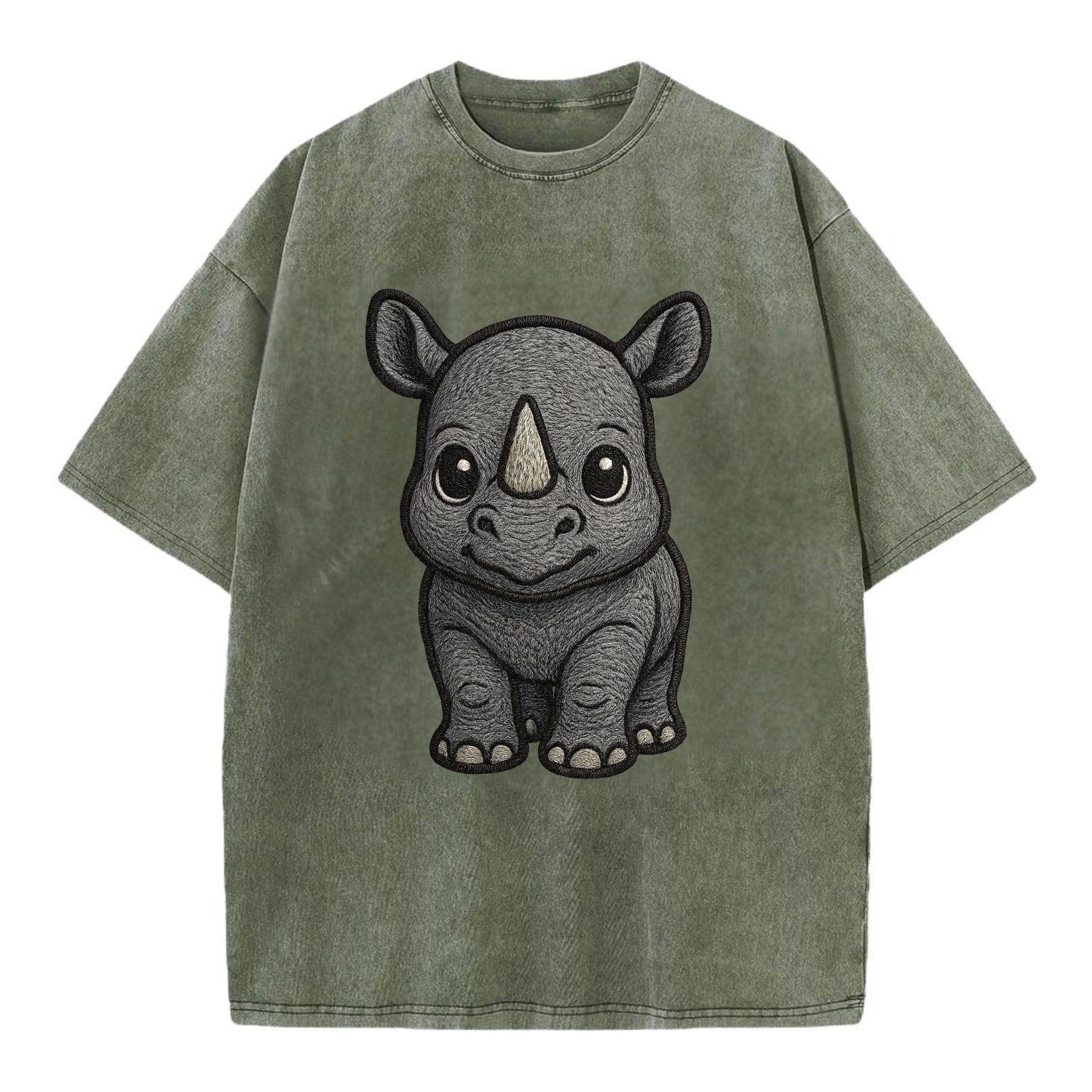 Baby Rhino - gray armor skin, tiny horn nub, round eyes, front-facing, tank baby - Vintage T-shirt - Army Green