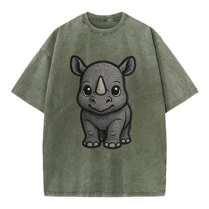 Baby Rhino - gray armor skin, tiny horn nub, round eyes, front-facing, tank baby - Vintage T-shirt - Army Green