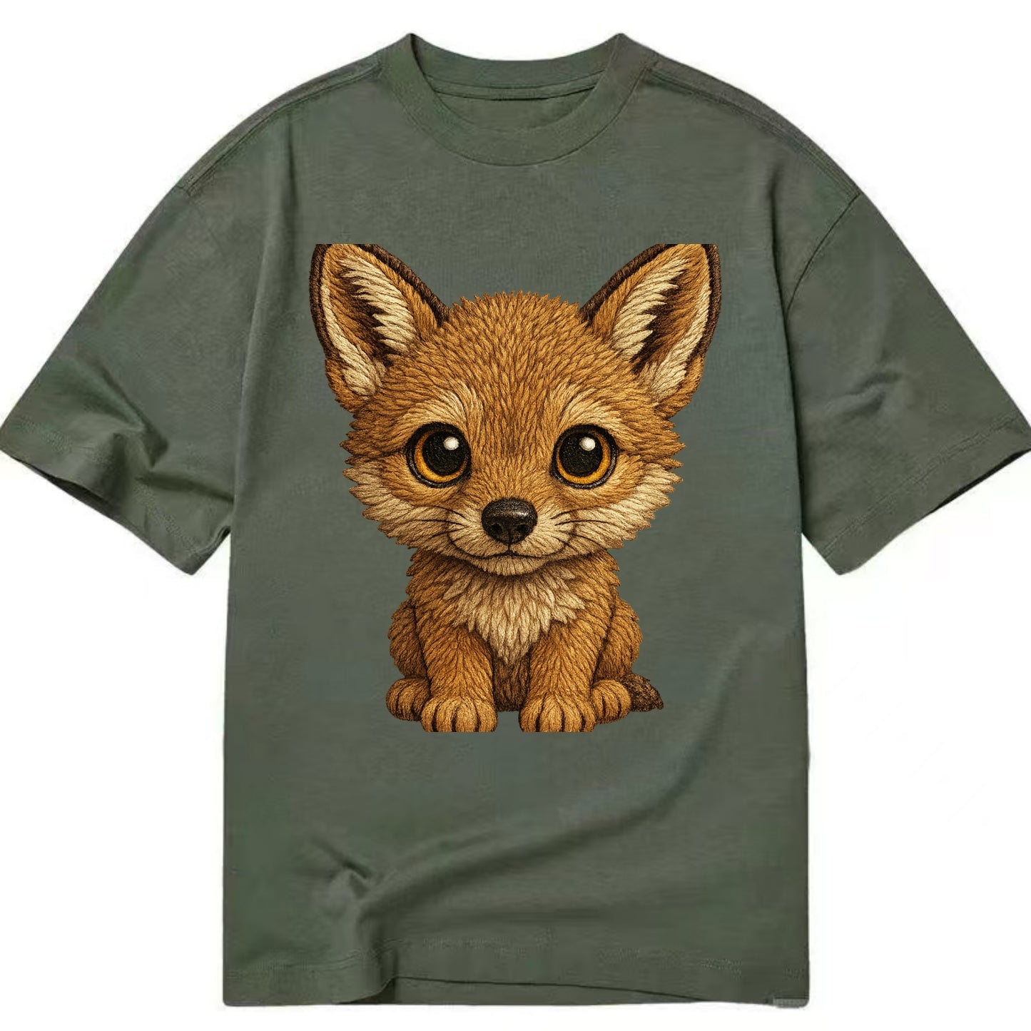 Baby Coyote Pup - tan fur, large ears, golden eyes, front-facing, clever baby - Classic T-shirt - Army Green