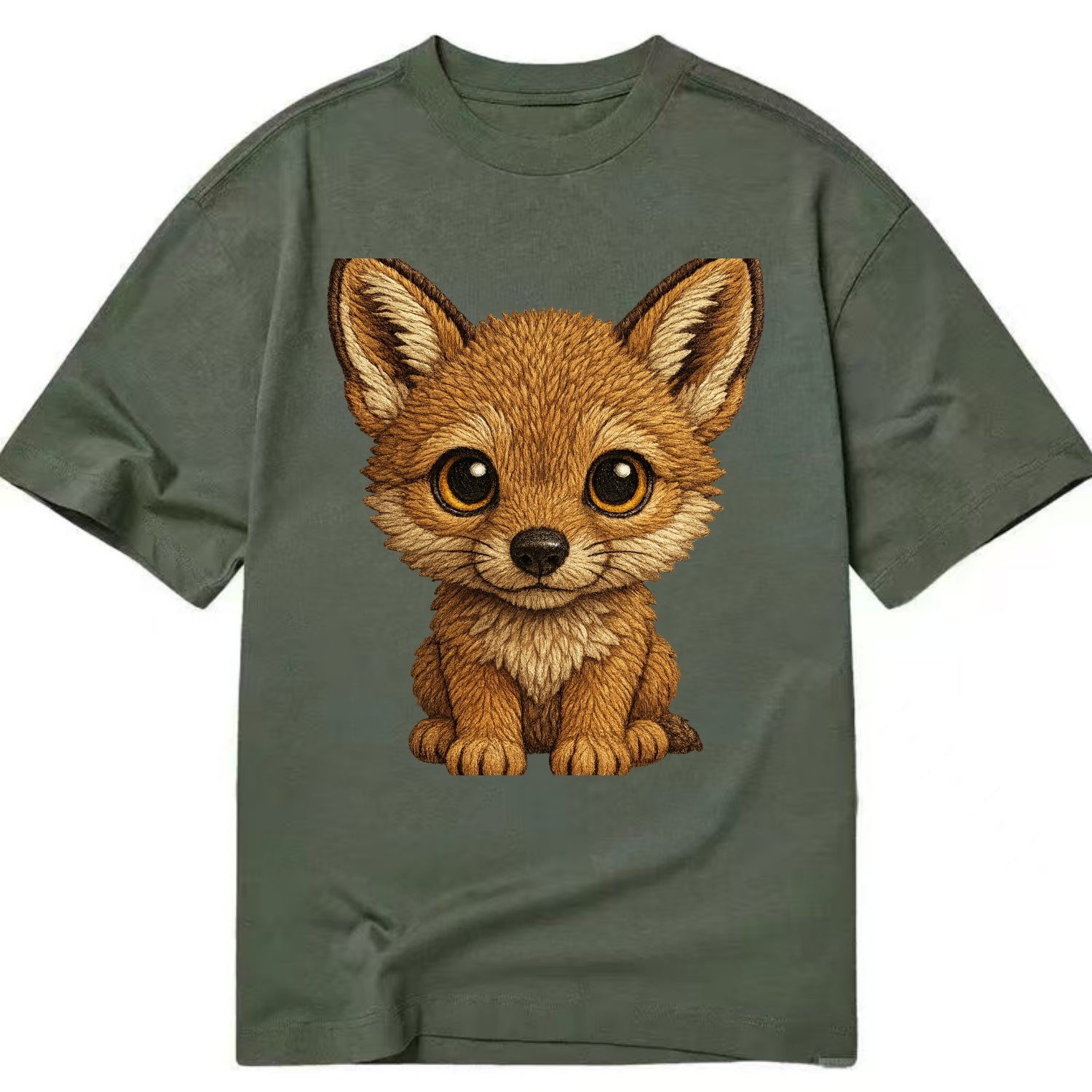 Baby Coyote Pup - tan fur, large ears, golden eyes, front-facing, clever baby - Classic T-shirt - Army Green