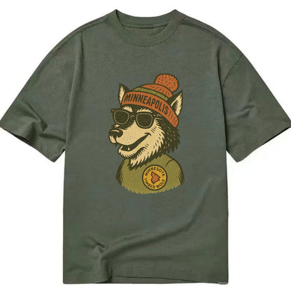 Minnesota Timber Wolf wearing Minneapolis beanie with pom pom and wayfarer - Classic T-shirt - Army Green