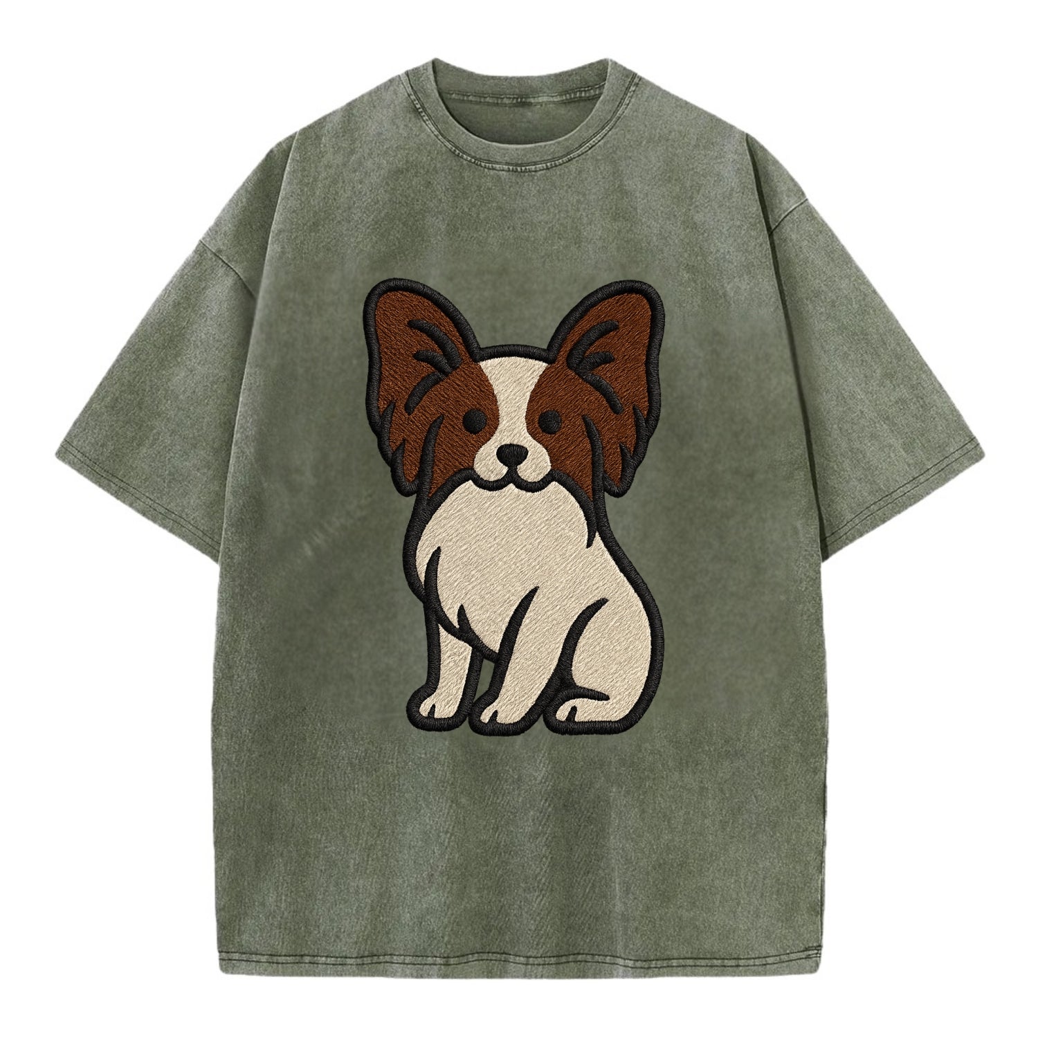 Papillon - White with brown ears sitting Vintage T-shirt - Army Green