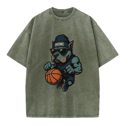 Detroit Pitbull wearing Pistons beanie with chrome patch and wayfarer sunglasses - Vintage T-shirt - Army Green