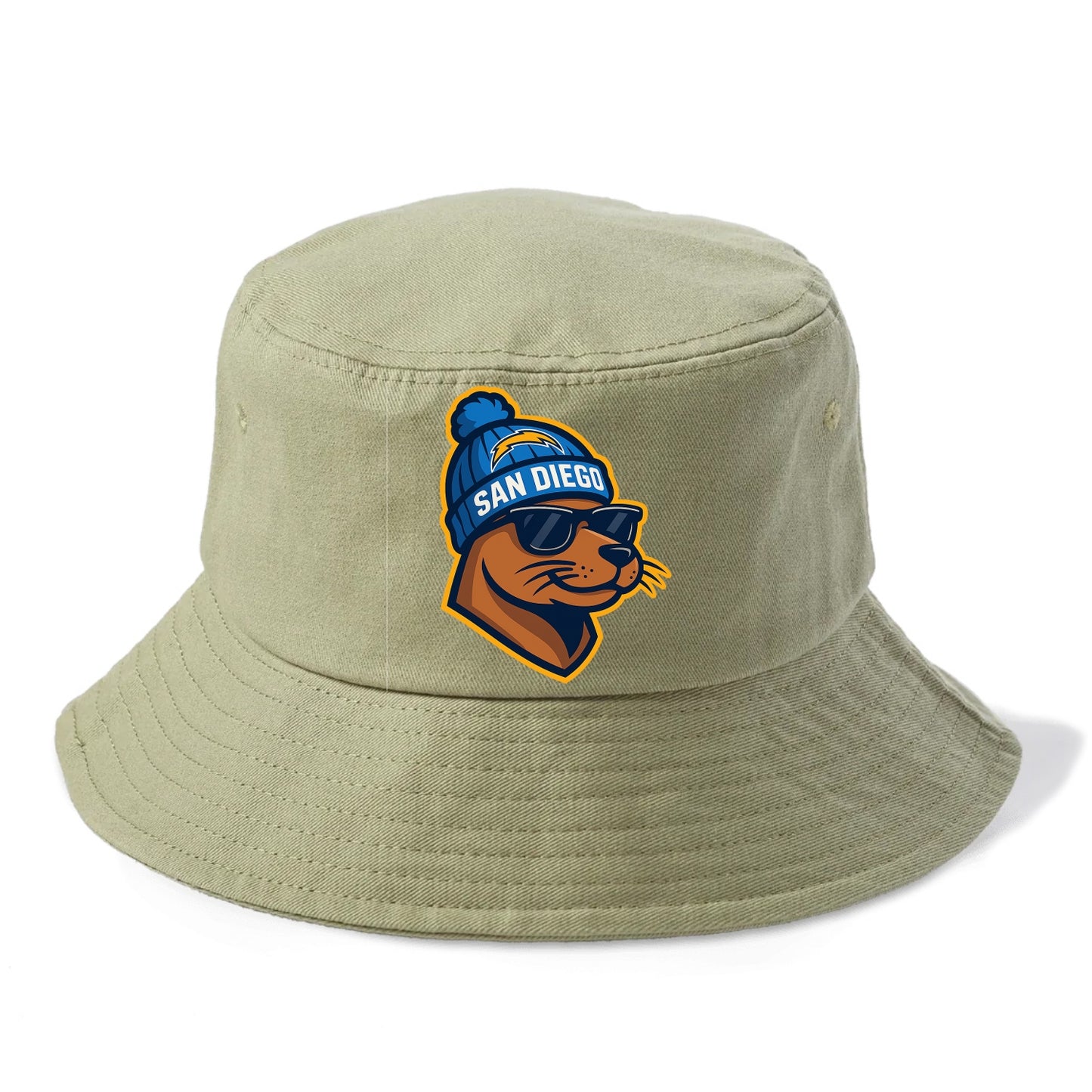 San Diego Sea Lion wearing Chargers beanie with bolt patch and wayfarer sunglasses - Bucket Hat - Army Green