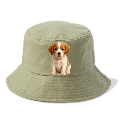 Baby Brittany Puppy - orange and white, compact, bright eyes, feathered, front-facing, - Bucket Hat - Army Green
