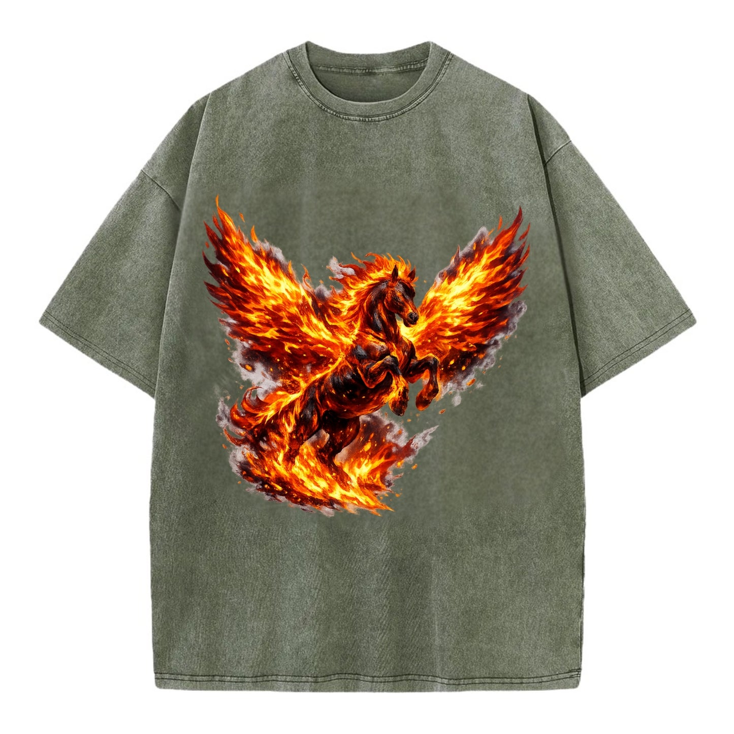 PHOENIX FIRE HORSE | Horse emerging from flames like phoenix | Rebirth - Vintage T-shirt - Army Green