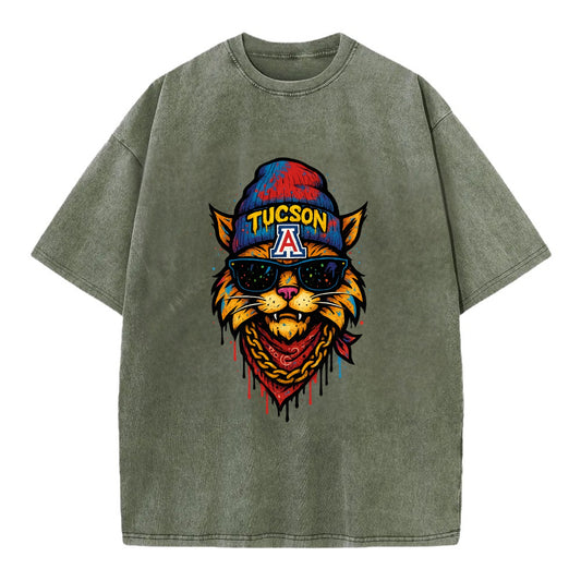 Tucson Wildcat wearing Arizona beanie with A patch - Vintage T-shirt - Army Green