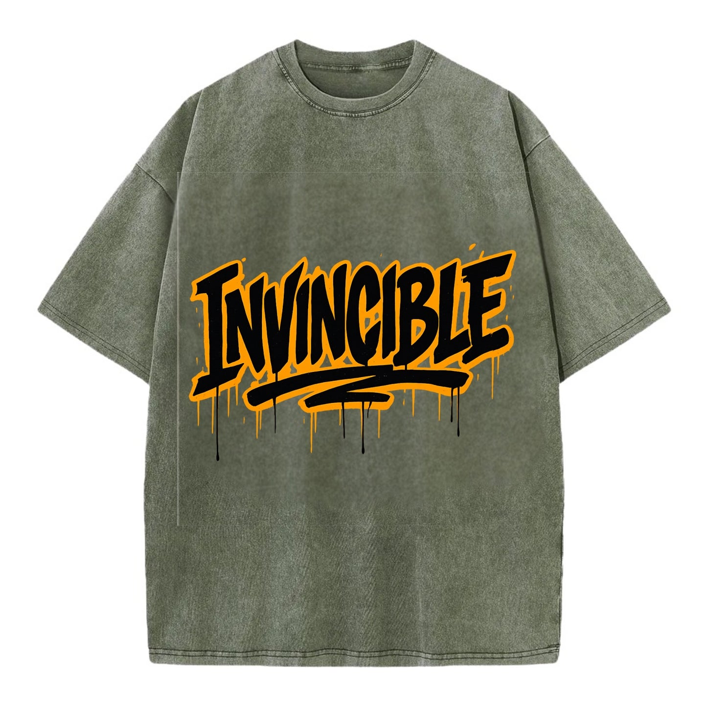 Bold typography design - "INVINCIBLE" - cannot be defeated, unconquerable - Vintage T-shirt - Army Green