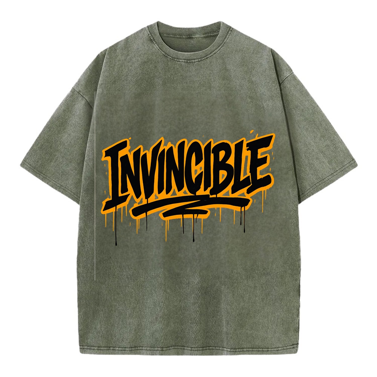 Bold typography design - "INVINCIBLE" - cannot be defeated, unconquerable - Vintage T-shirt - Army Green