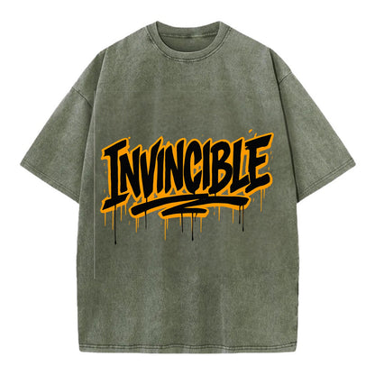 Bold typography design - "INVINCIBLE" - cannot be defeated, unconquerable - Vintage T-shirt - Army Green
