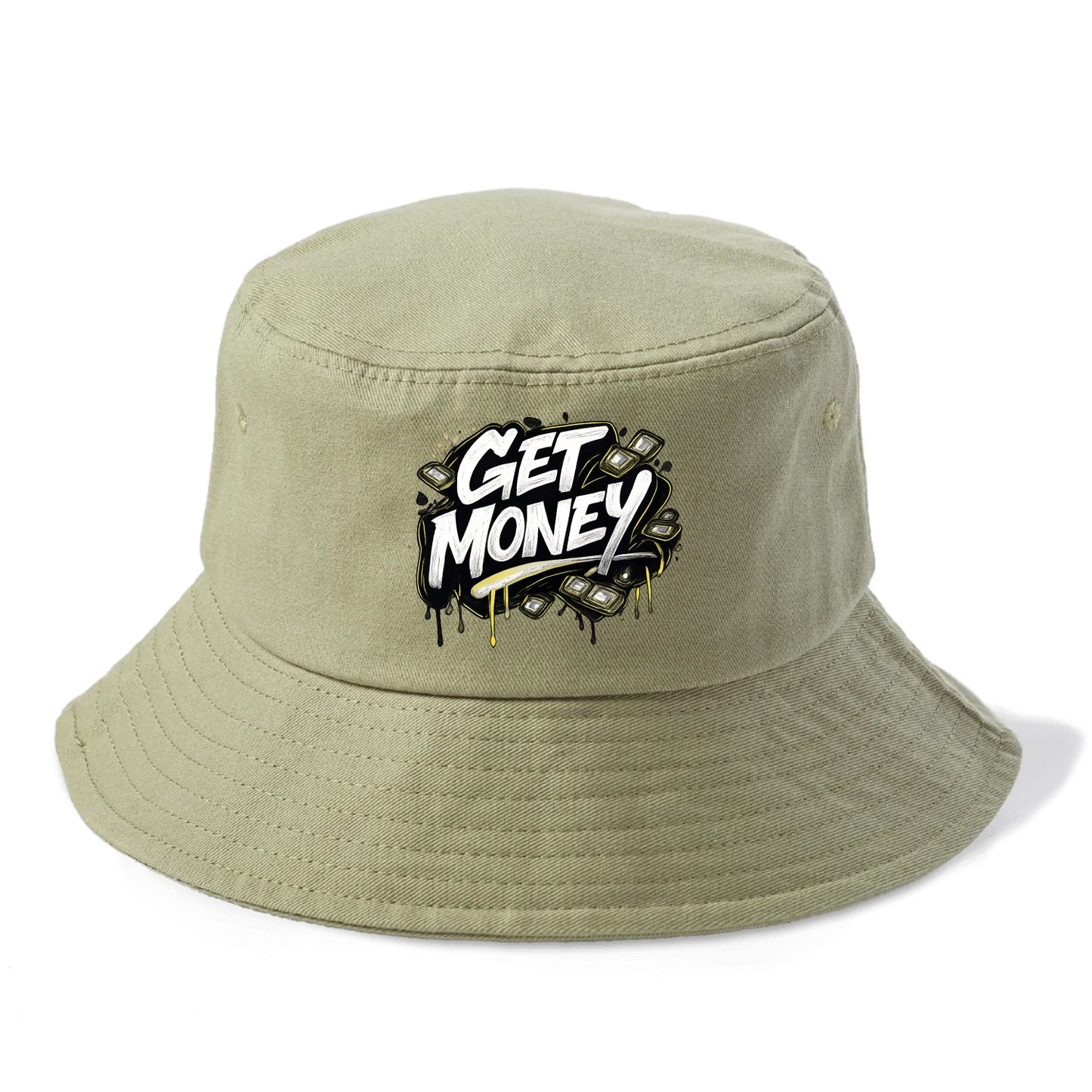 Bold typography design - "GET MONEY" - pursuit of wealth, earning - Bucket Hat - Army Green