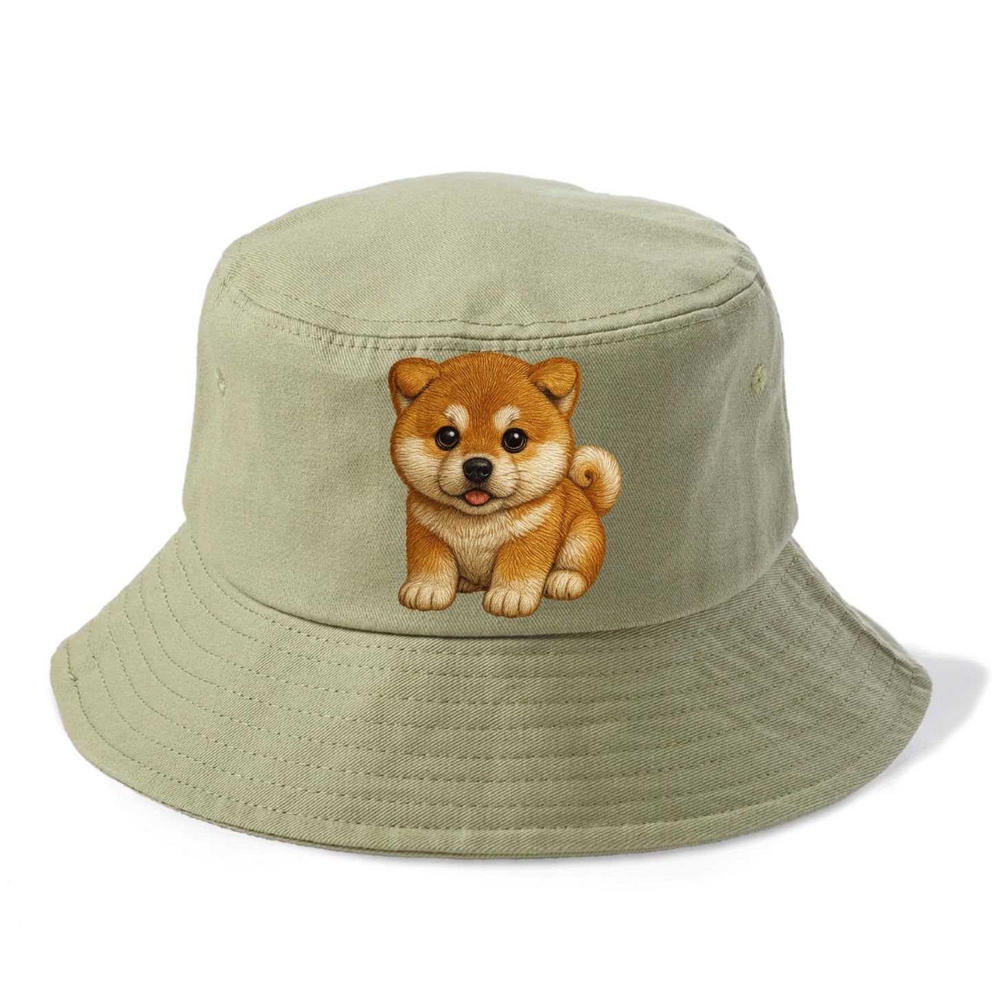 Baby Akita Puppy - fluffy bear-like, curled tail, dignified eyes, front-facing, - Bucket Hat - Army Green