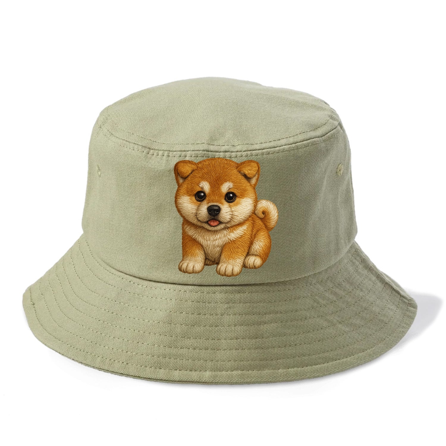 Baby Akita Puppy - fluffy bear-like, curled tail, dignified eyes, front-facing, - Bucket Hat - Army Green