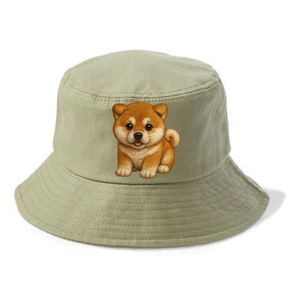Baby Akita Puppy - fluffy bear-like, curled tail, dignified eyes, front-facing, - Bucket Hat - Army Green