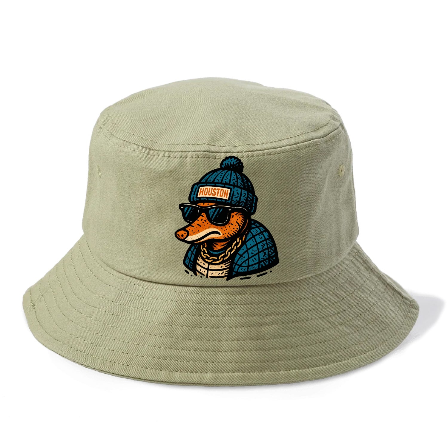Houston Armadillo wearing Houston beanie with pom pom and wayfarer sunglasses - Bucket Hat - Army Green