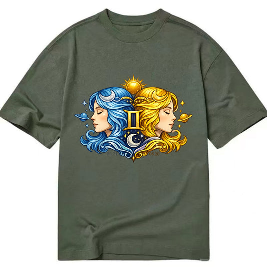TWIN FACES | Two faces in profile mirror image | Gemini duality | Opposite - Classic T-shirt - Army Green